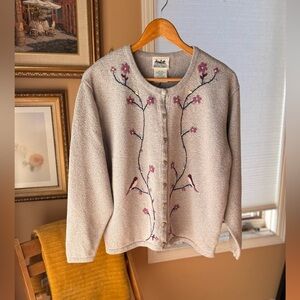 Vintage Hand Embroidered Floral Cottagecore Knit Cardigan / Cottagecore w Birds
